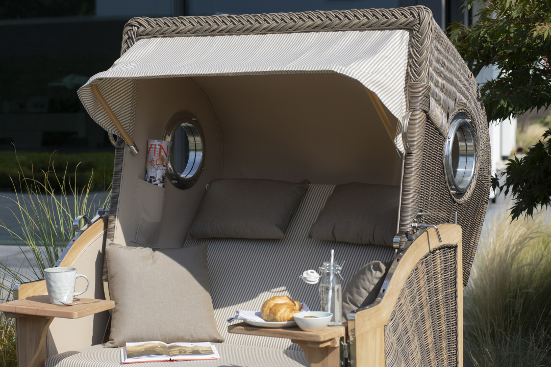 Strandkorb Rantum Teak PE grey Dessin Skyline Ostfriesland Grau